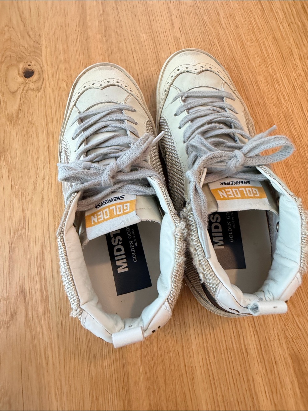 Golden Goose Cream Mesh and Black Leather Mid Star Sneakers with Silver Star - Picture 10 of 11